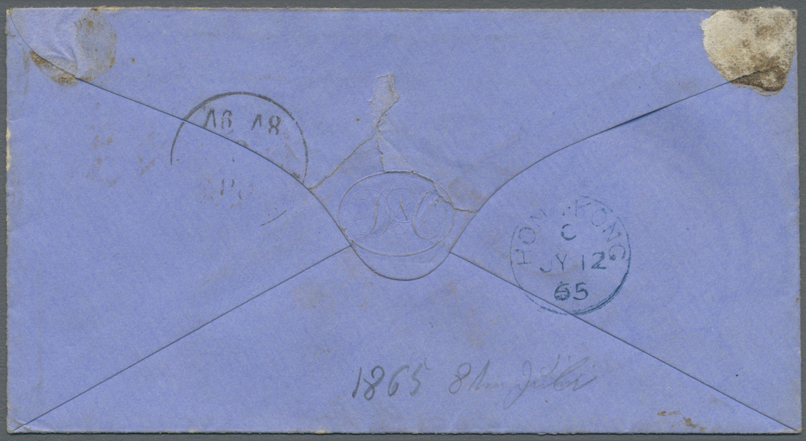 Br Hongkong: 1865, Blue Anglofrench Accounting Mark "B 1F 22 4/10 C." W. Blue "HONG KONG C JY 12 65" On Reverse Fn Small - Other & Unclassified