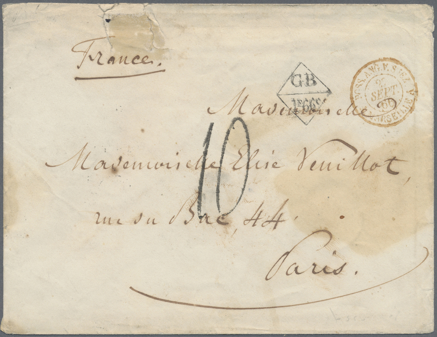 Br Hongkong: 1866. Stamp-less Envelope (roughly Opened And Spotted) Addressed To France With Hong Kong Cds (Webb Type 13 - Autres & Non Classés