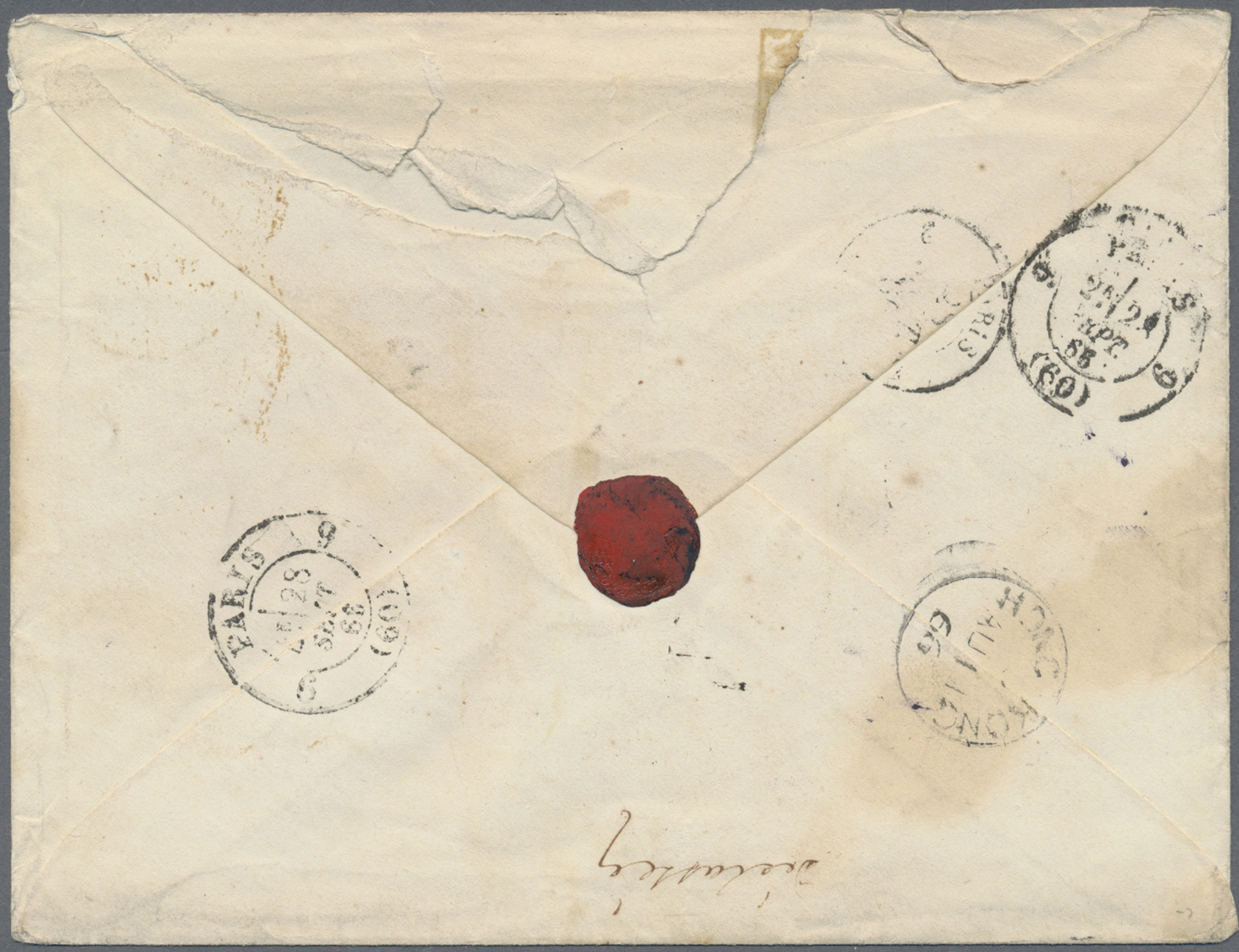 Br Hongkong: 1866. Stamp-less Envelope (roughly Opened And Spotted) Addressed To France With Hong Kong Cds (Webb Type 13 - Autres & Non Classés