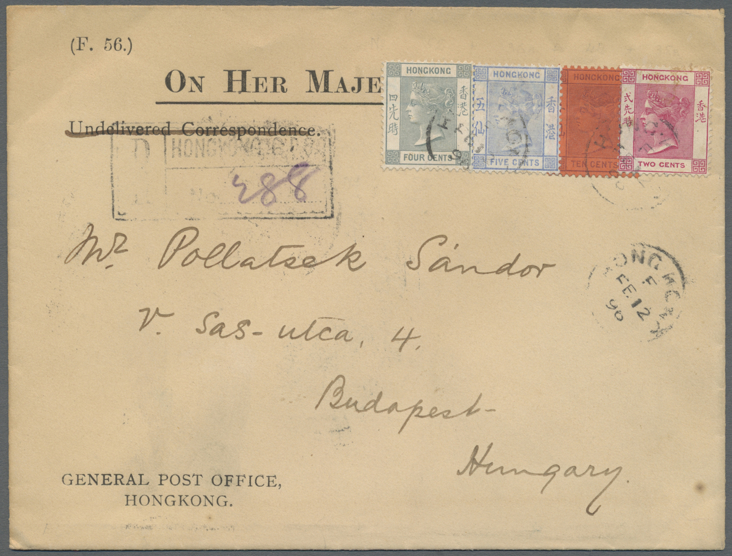 Br Hongkong: 1882/96, QV 2 C. Rosine, 4 C. Grey, 5 C. Ultra And 10 C. Lilac On Red, A Four Colour Franking Tied "HONG.KO - Autres & Non Classés