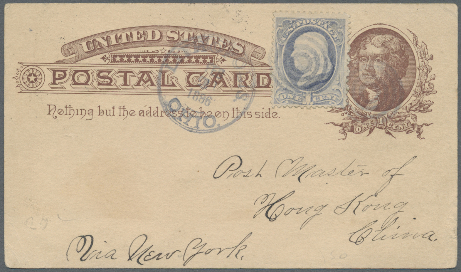 GA Hongkong: 1886. United States Postal Stationery Card 'One Cent' Brown Upgraded With Yvert 39, 1 C Pale Blue Tied By C - Other & Unclassified