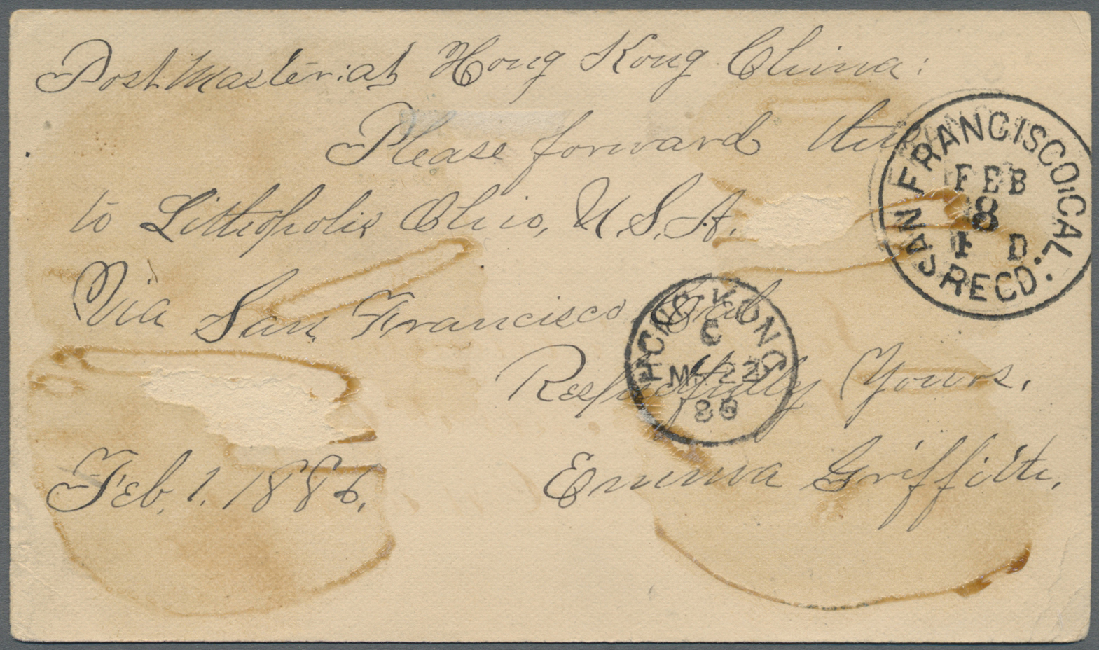 GA Hongkong: 1886. United States Postal Stationery Card 'One Cent' Brown Upgraded With Yvert 39, 1 C Pale Blue Tied By C - Other & Unclassified