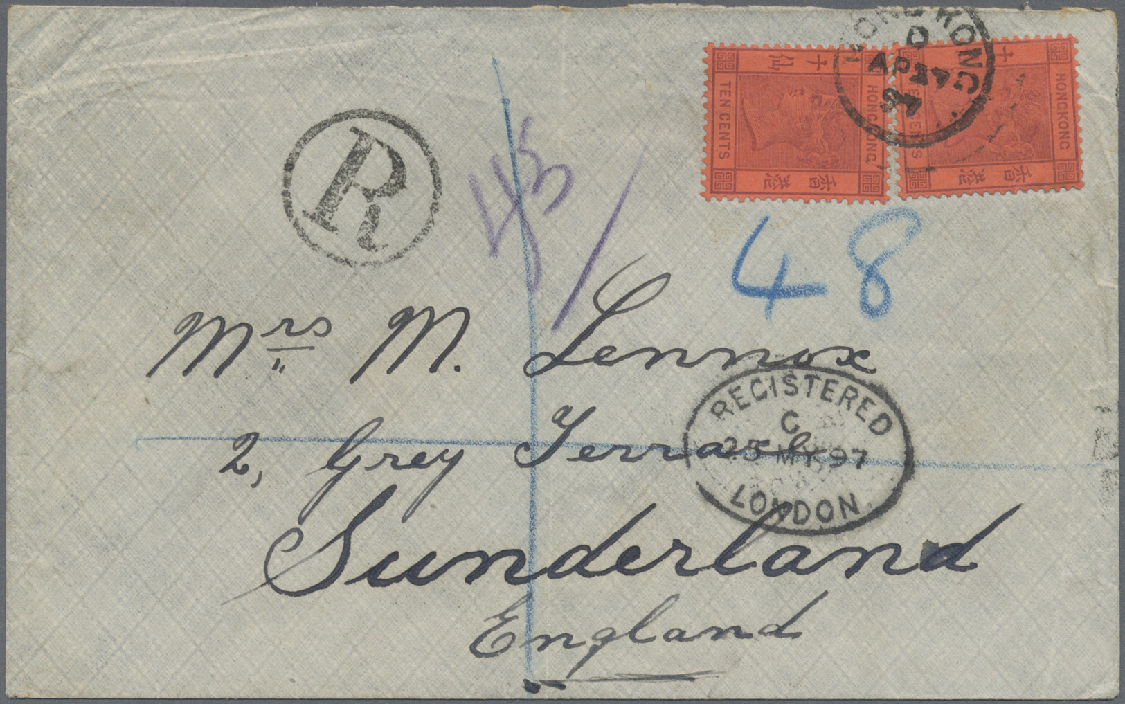 Br Hongkong: 1897. Registered Envelope To England Bearing SG 38, 10c Purple/red (2) Tied By Hong Kong/D Date Stamp With - Other & Unclassified
