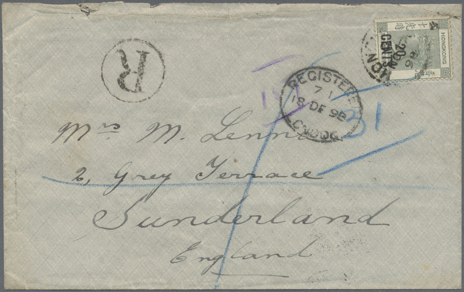 Br Hongkong: 1898. Registered Envelope (creased, Roughly Opened) To England Bearing SG 48, 20 On 30c Yellow/green (toned - Autres & Non Classés