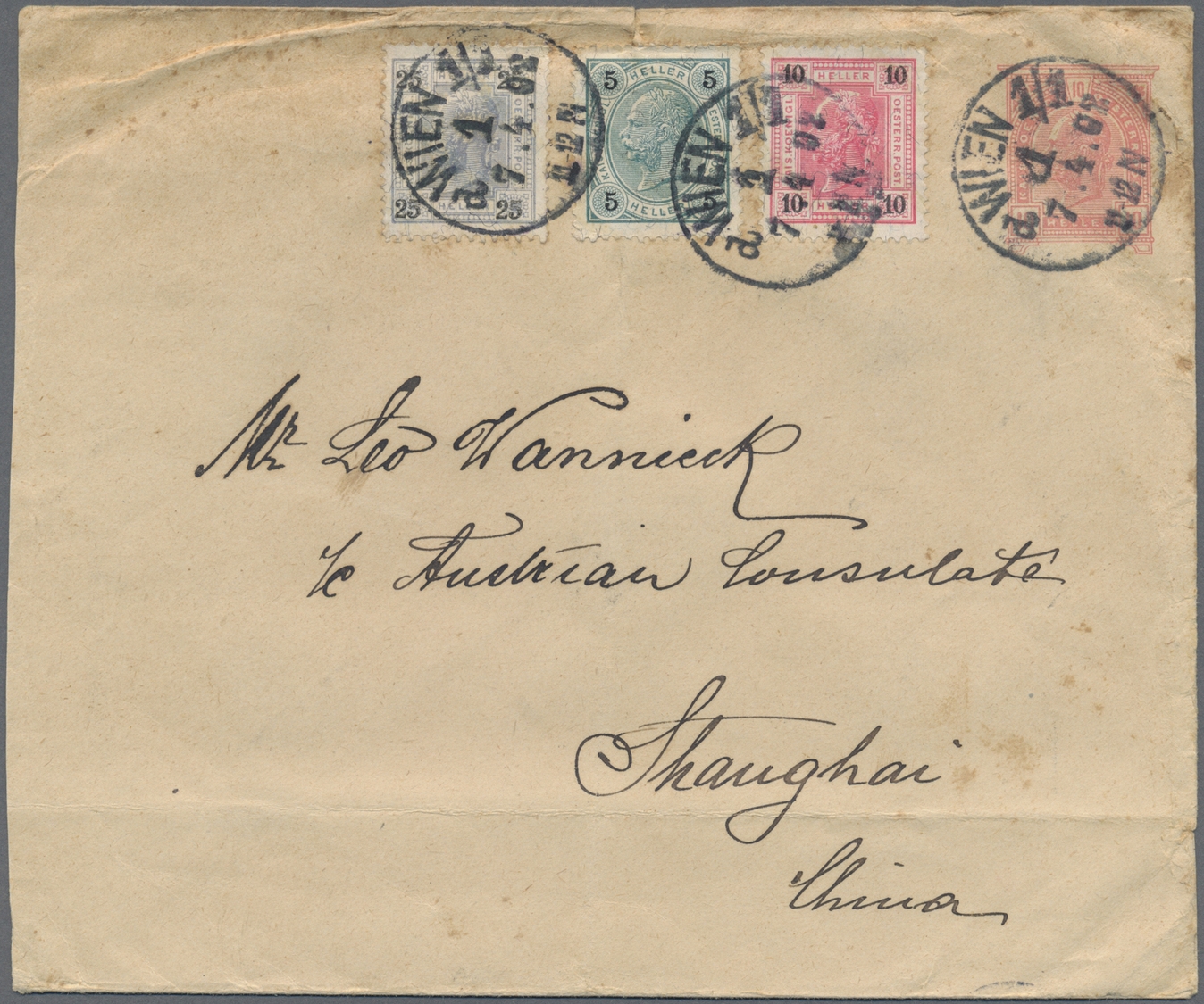 GA Hongkong: 1902. Austrian Postal Stationery (horiz. Fold At Bottom, Creased At Top And A Few Stains) 10h Red Upgraded - Autres & Non Classés