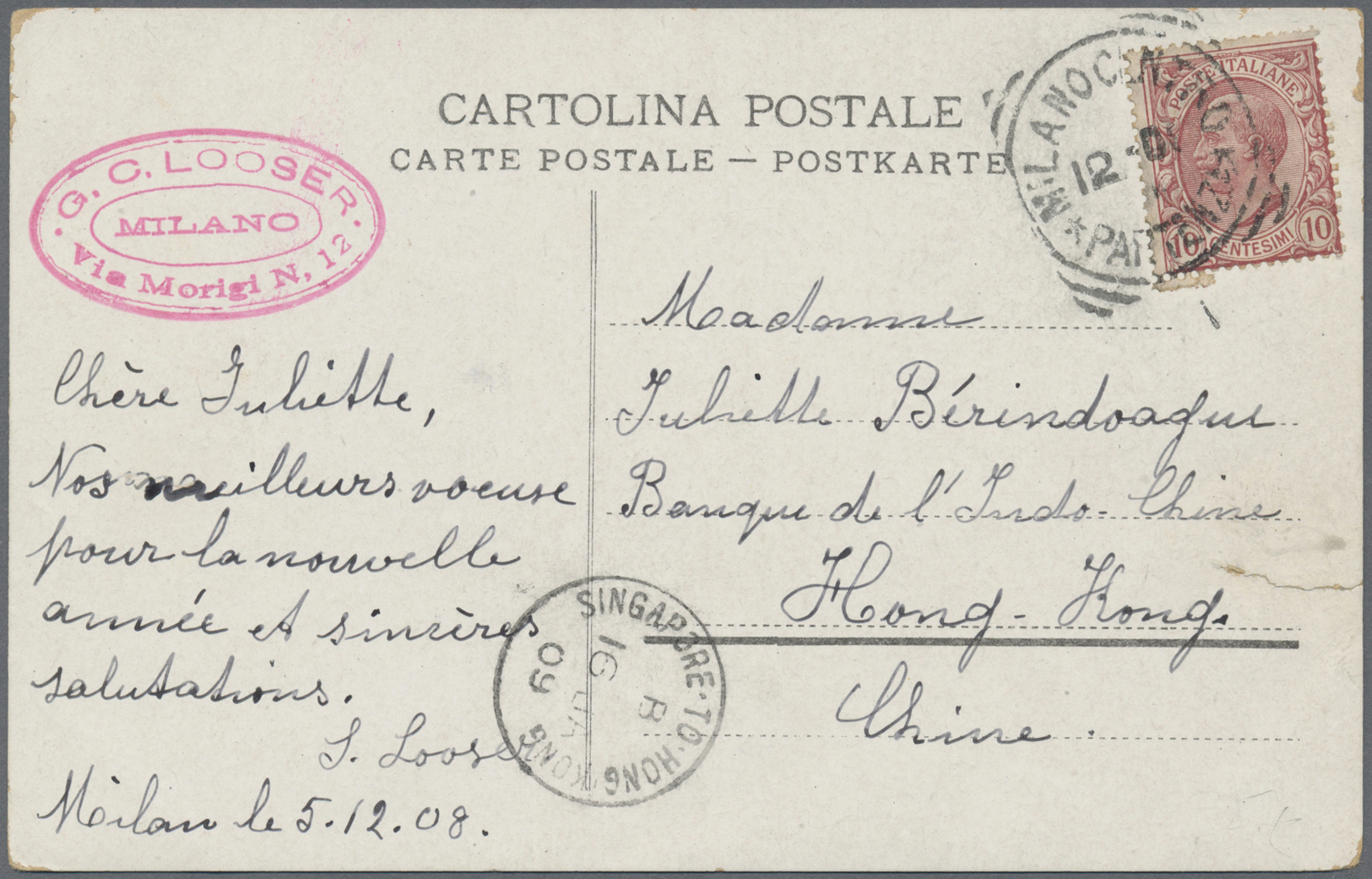 Br Hongkong: 1909. Picture Post Card (tear) Of 'Port Venezia' Bearing Ltaly Yvert 77, 10c Rose Tied By Milano Central Sq - Autres & Non Classés