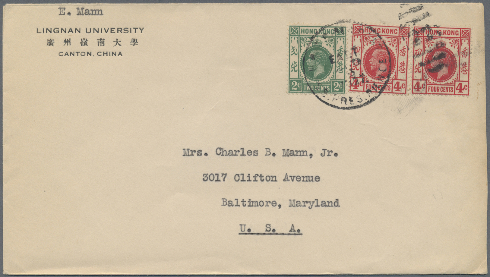 Br Hongkong: 1927. Envelope Written From 'Lingnan University, Canton' Addressed To The United States Bearing SG 118, 2c - Autres & Non Classés