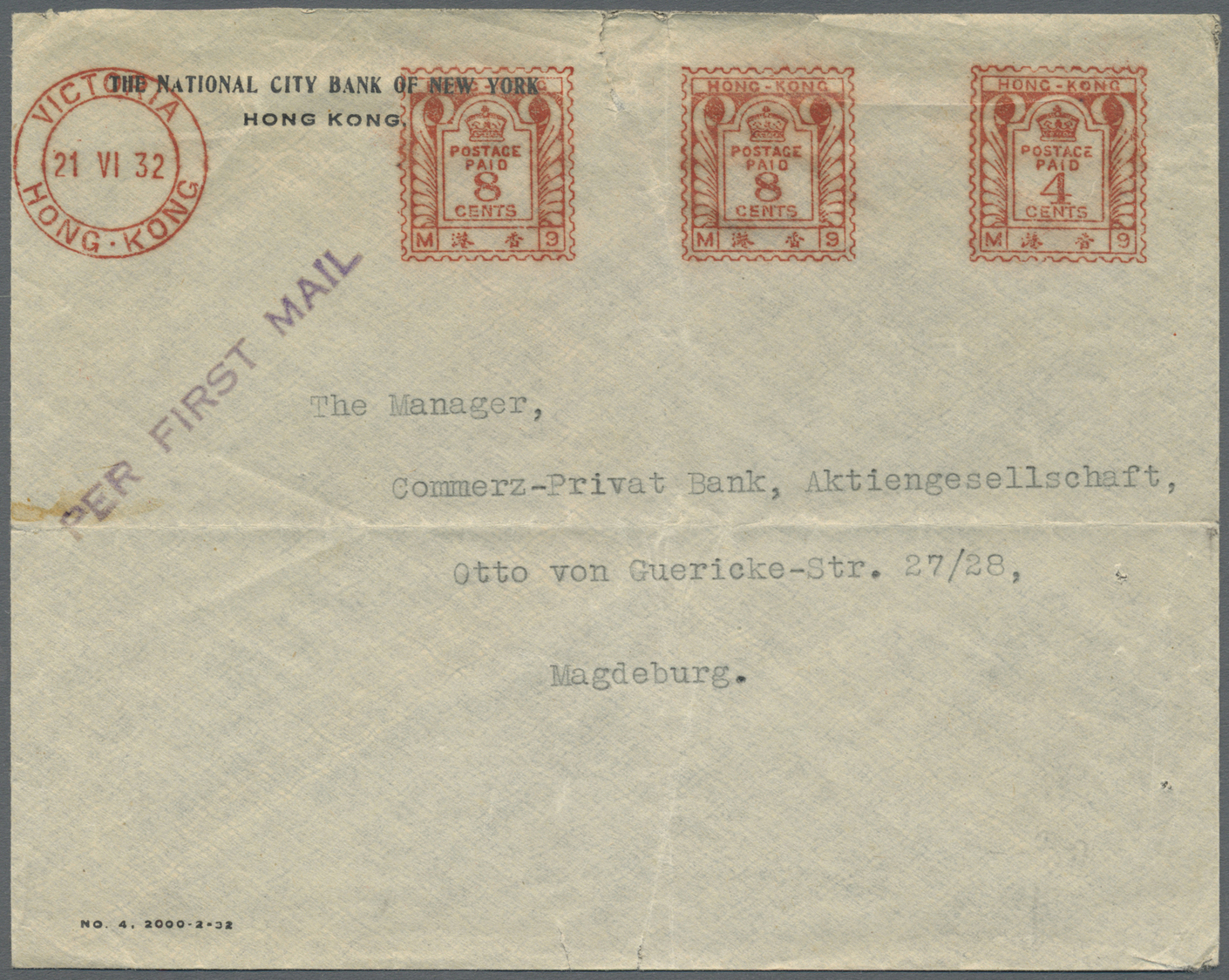 Br Hongkong: 1932, Meter 8 C. (2), 4 C. "VICTORIA 21 VI 32" To Cover To Magdeburg/Germany, Bank Correspondence, Crosswis - Autres & Non Classés