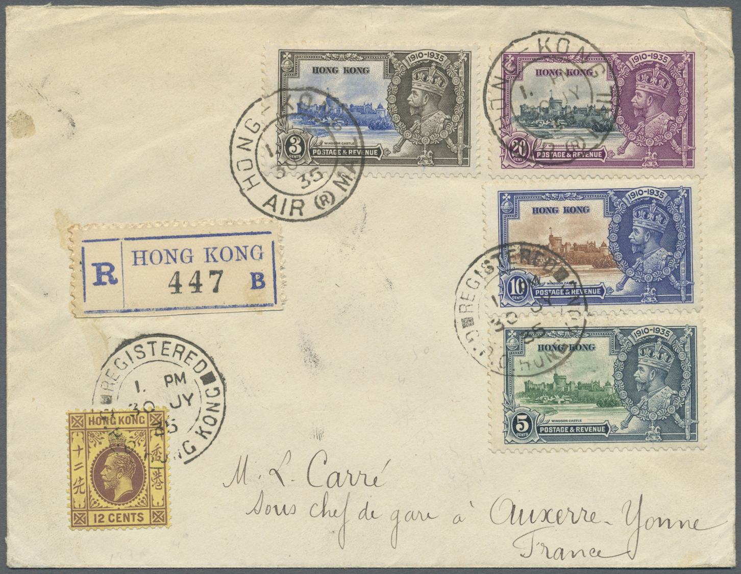 Br Hongkong: 1935, KGV Jubilee Set With KGV 12 C. Tied "REGISTERED HONG HONG" Resp. "HONG-KONG Air (R) MAIL" Both 30 JY - Autres & Non Classés