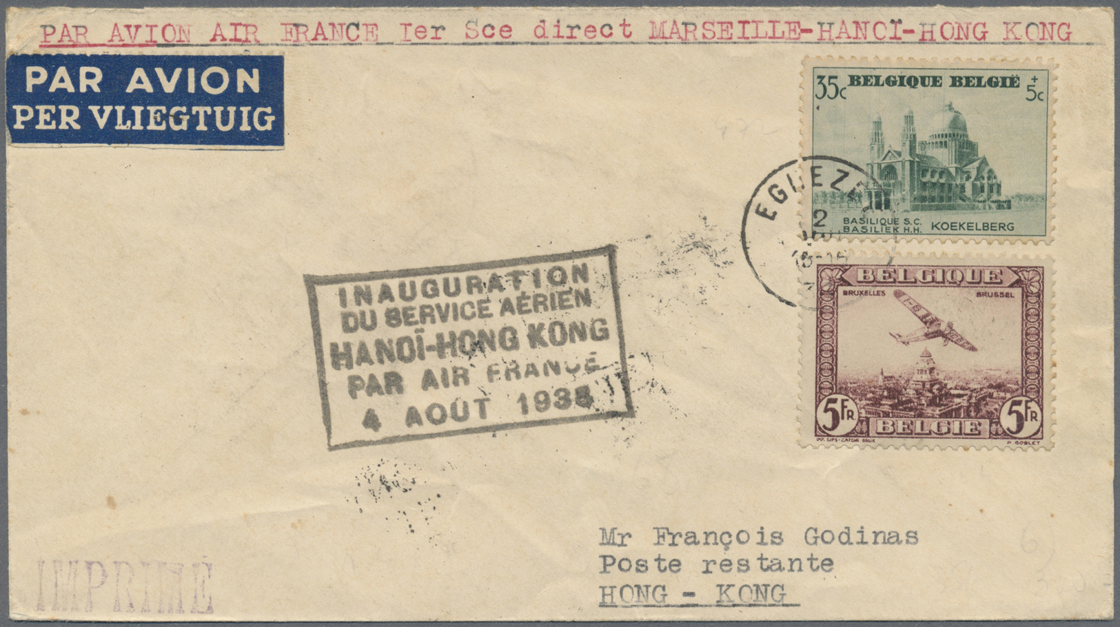 Br Hongkong: 1938. Air Mail Envelope Addressed To 'Poste Restante, Hong Kong' Bearing Belgium Yvert 472, 35+5c Green And - Autres & Non Classés