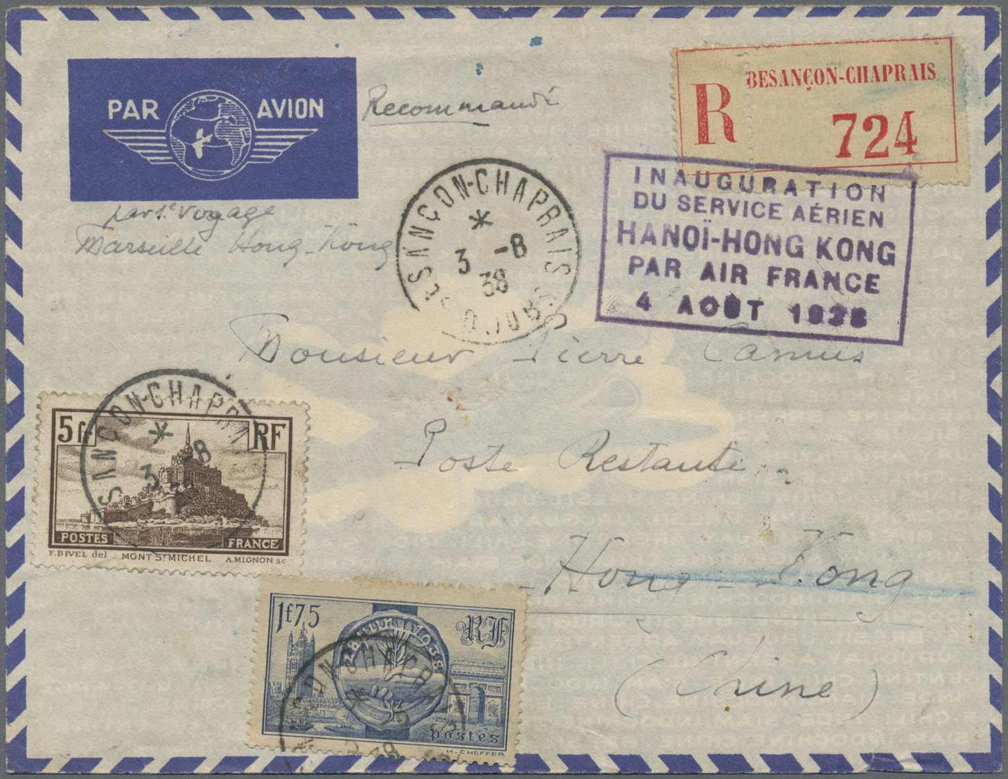 Br Hongkong: 1938. Registered Air Mail Envelope Addressed To 'Poste Restante, Hong Kong' Bearing France Yvert 260, 5f Br - Autres & Non Classés