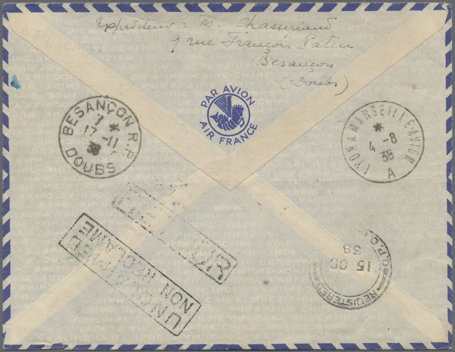 Br Hongkong: 1938. Registered Air Mail Envelope Addressed To 'Poste Restante, Hong Kong' Bearing France Yvert 260, 5f Br - Autres & Non Classés