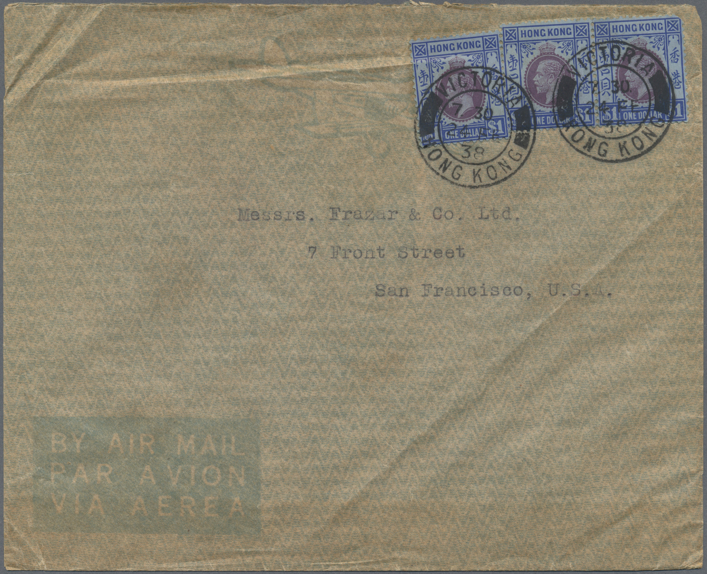 Br Hongkong: 1938. Air Mail Envelope (creased) To San Francisco Bearing SG 129, $1 Purple And Blue (3) Tied By Victoria - Autres & Non Classés