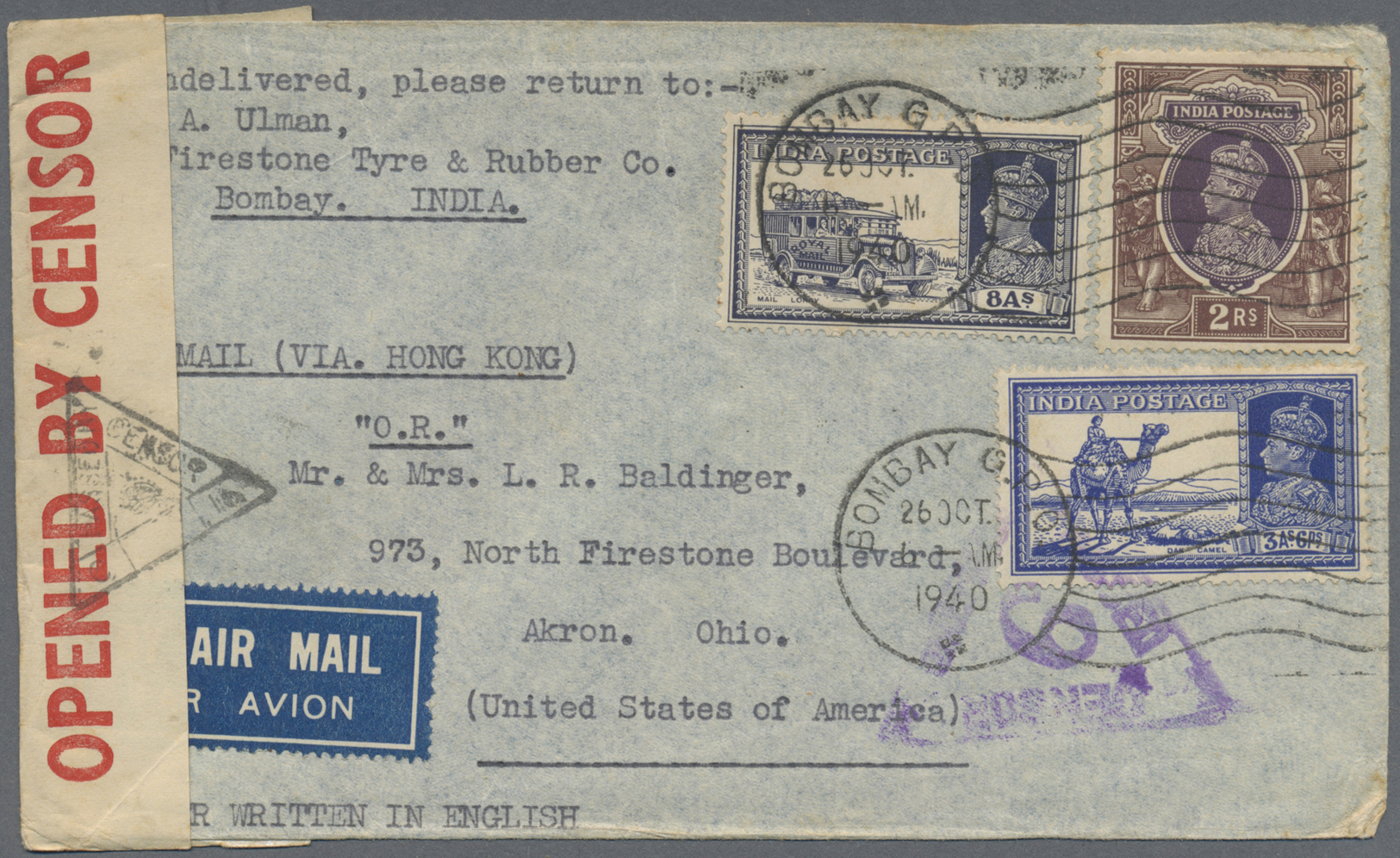 Br Hongkong: 1940. Air Mail Envelope (part Flap Missing) Addressed To The United States Bearing India SG 254, 3a6p Brigh - Autres & Non Classés