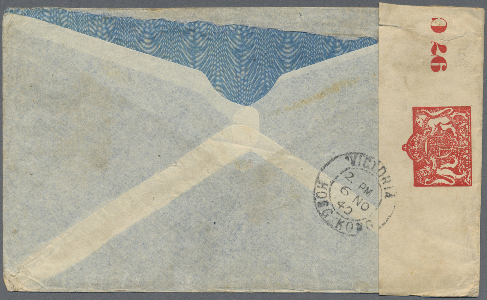 Br Hongkong: 1940. Air Mail Envelope (part Flap Missing) Addressed To The United States Bearing India SG 254, 3a6p Brigh - Autres & Non Classés