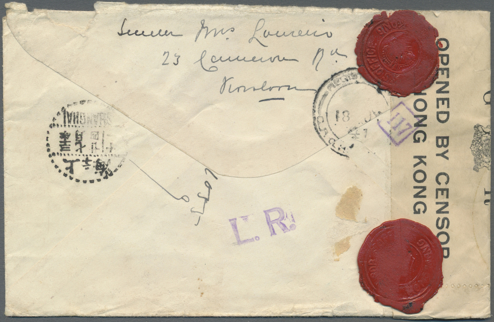 Br Hongkong: 1941. Registered Envelope Addressed To Shanghai Bearing SG 145, 10c Purple (2), SG 164, 4c Purple And Carmi - Autres & Non Classés