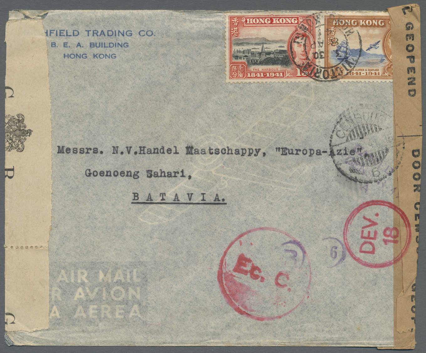 Br Hongkong: 1941. Air Mail Envelope Addressed To Batavia, Netherlands Indies Bearing Hong Kong SG 166, 15c Black And Re - Autres & Non Classés