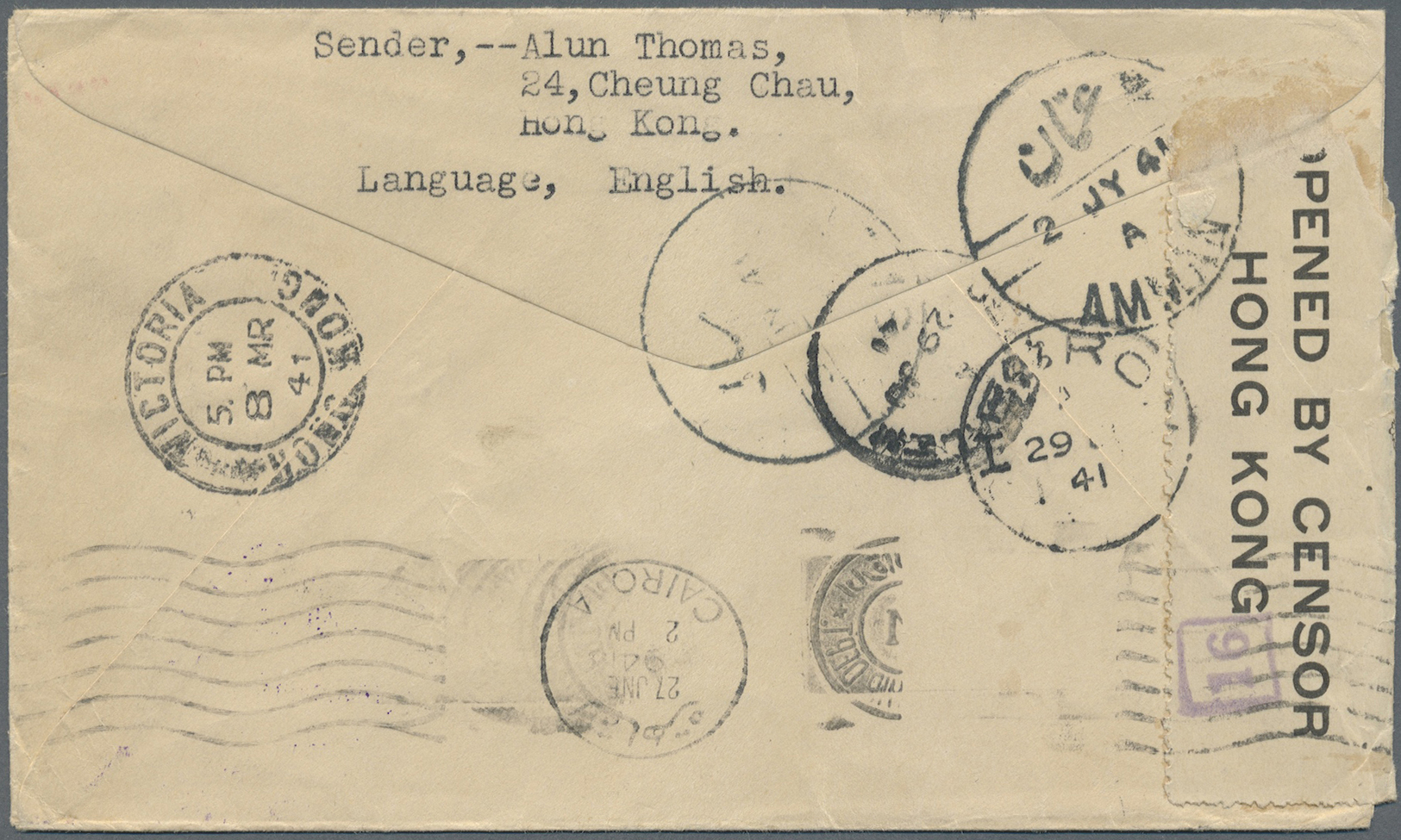 Br Hongkong: 1941. Censored Envelope Addressed To Palestine Bearing SG 145, 10c Violet (pair) Tied By Cheung Chau / X Do - Autres & Non Classés