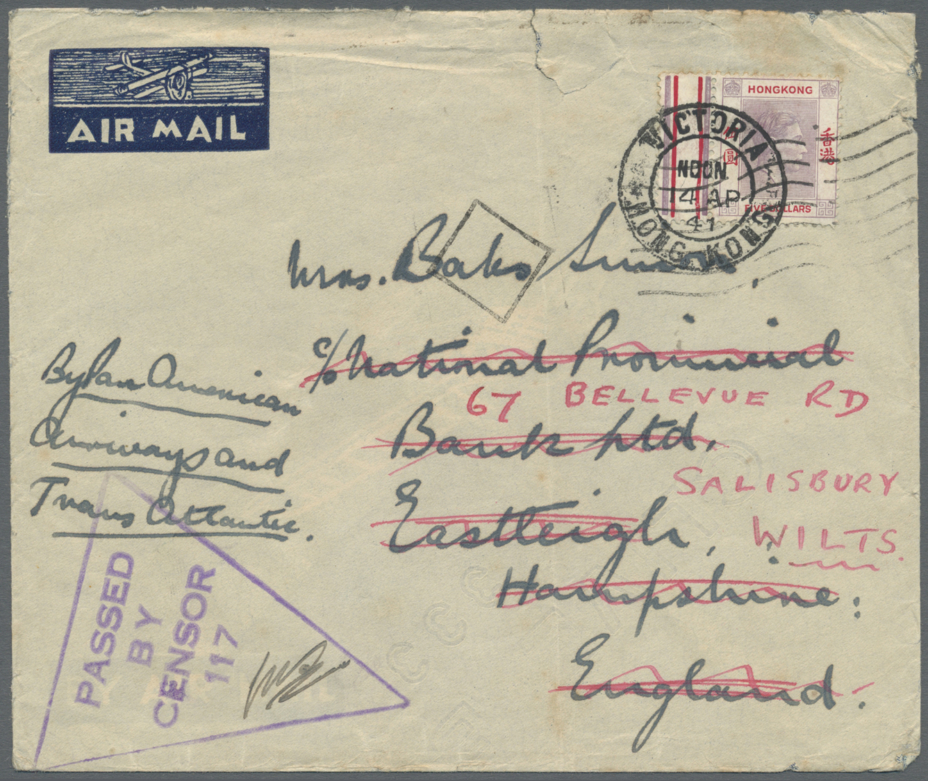 Br Hongkong: 1941. Air Mail Envelope (tear) Addressed To England Bearing SG 159, $1 Lilac And Scarlet Tied By Victoria/H - Autres & Non Classés
