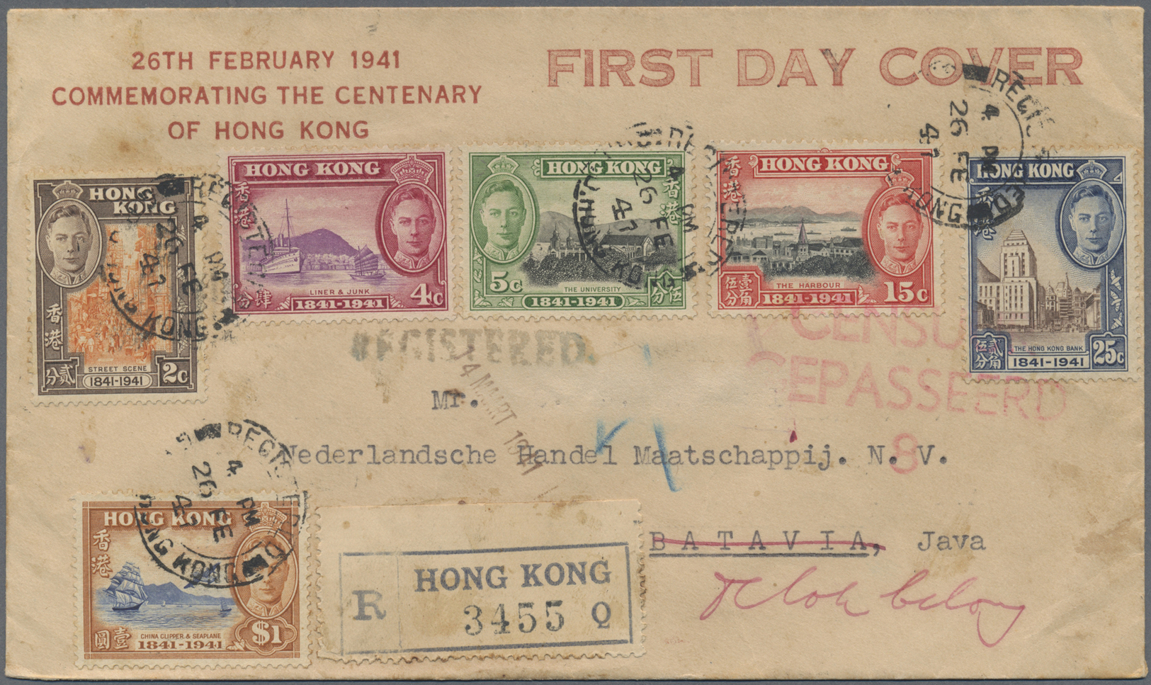 Hongkong: 1941. Registered First Day Envelope Addressed To Batavia Bearing SG 163, 2c Orange And Chocolate, SG 164, 4c P - Autres & Non Classés