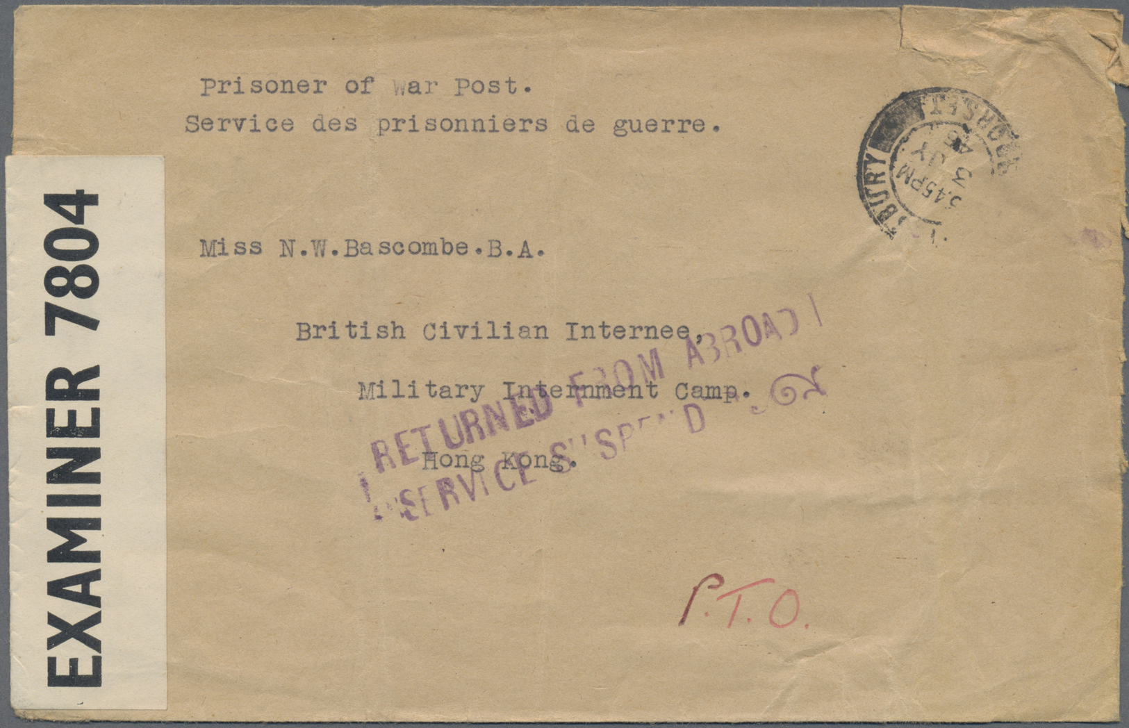 Br Hongkong: 1945. Stamp-less Envelope (creased) Written From Shaftesbury, Dorset Headed 'Prisoner Of War Post./Service - Autres & Non Classés