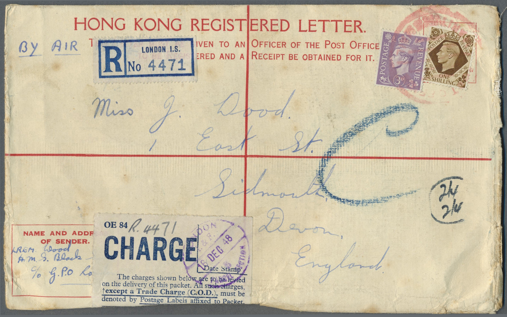 GA Hongkong: 1948. Hong Kong Air Mail Registered Letter 25c Blue Postal Stationery Envelope (faults,few Spots) Addressed - Autres & Non Classés