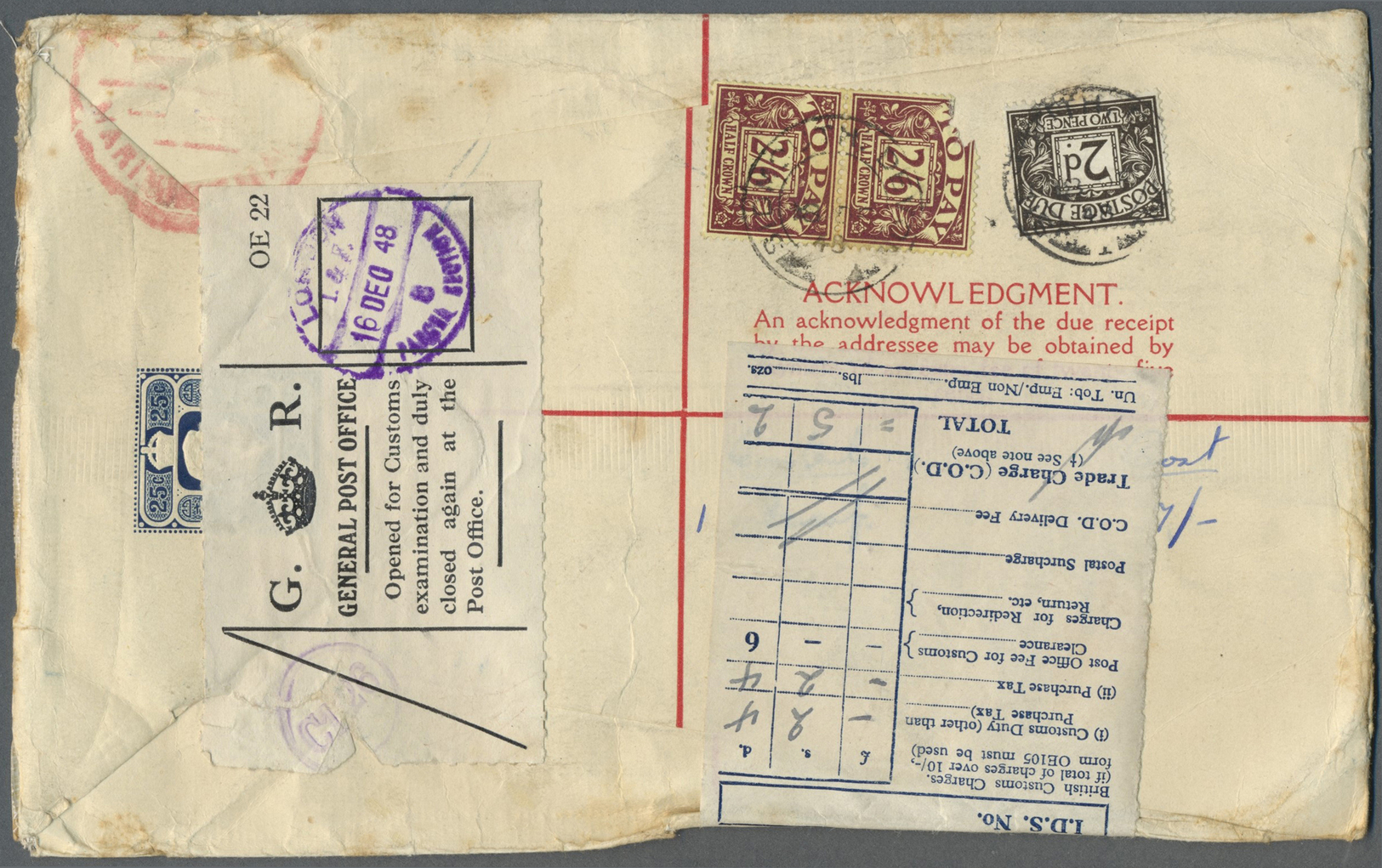 GA Hongkong: 1948. Hong Kong Air Mail Registered Letter 25c Blue Postal Stationery Envelope (faults,few Spots) Addressed - Autres & Non Classés