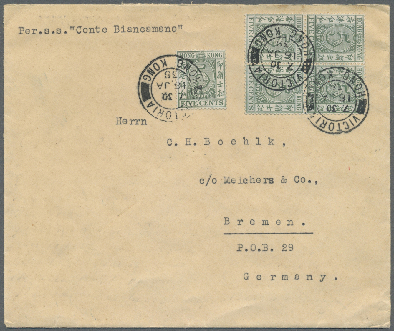 Br Hongkong - Stempelmarken: 1938, Fiscal 5 C. (5 Inc. Block-4) Tied Three Strikes "VICTORIA 16 JA 38" To Cover Endorsed - Timbres Fiscaux-postaux