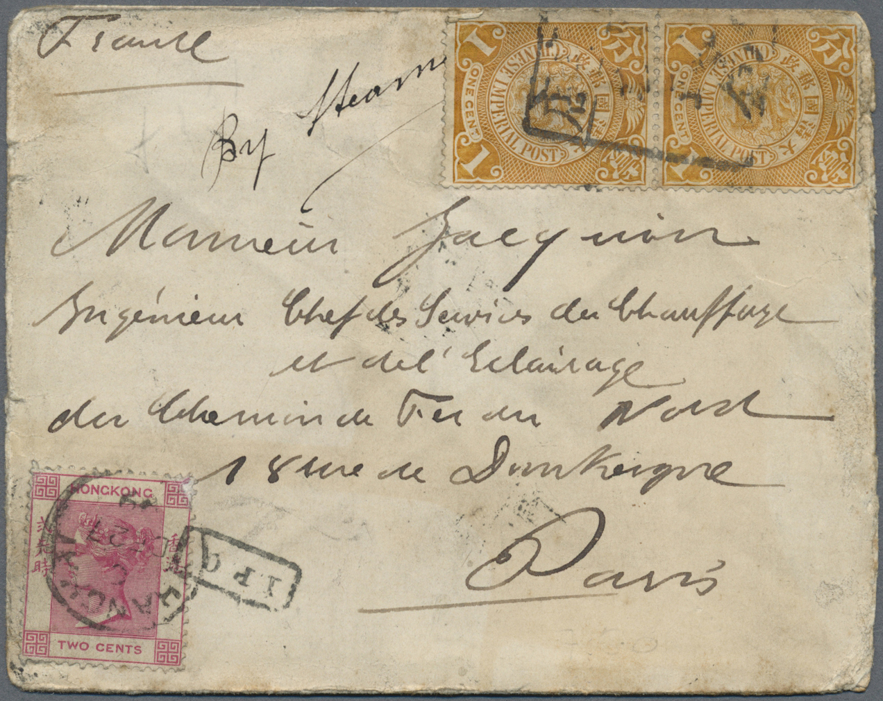 Br Hongkong - Britische Post In China: 1899. Envelope (faults,soiled, Three Sides Opend) Addressed To France Bearing Chi - Lettres & Documents