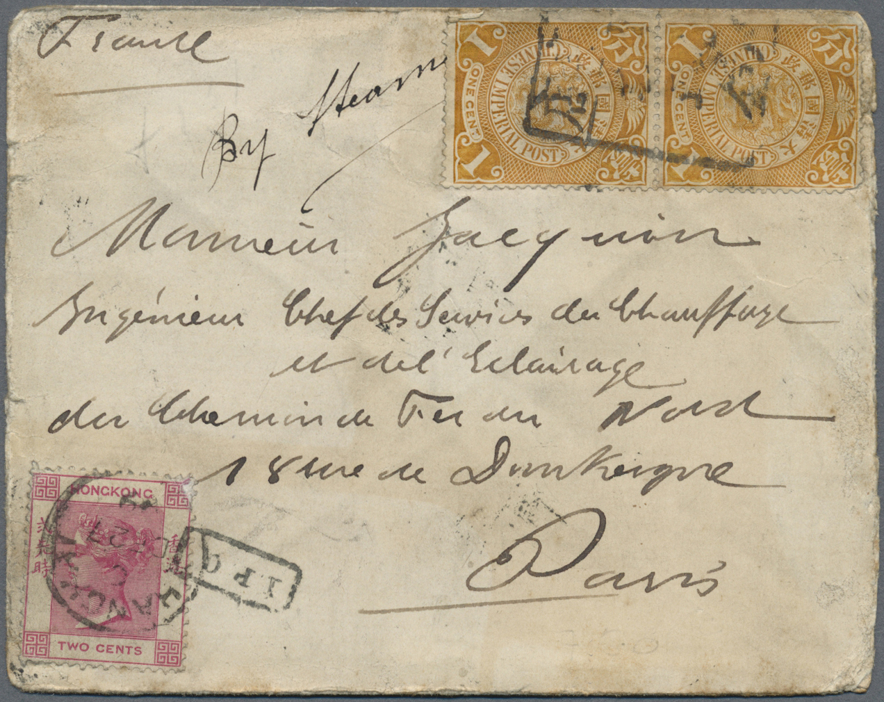 Br Hongkong - Britische Post In China: 1899. Envelope (faults,soiled, Three Sides Opend) Addressed To France Bearing Chi - Covers & Documents