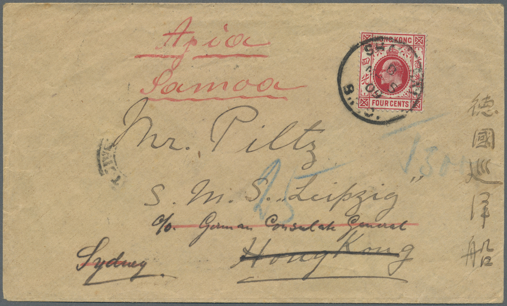 Br Hongkong - Britische Post In China: 1909, Shanghai To Samoa: KEVII 4 C. Scarlet Tied "SHANGHAI B.P.O. MA 5 09 To Cove - Covers & Documents