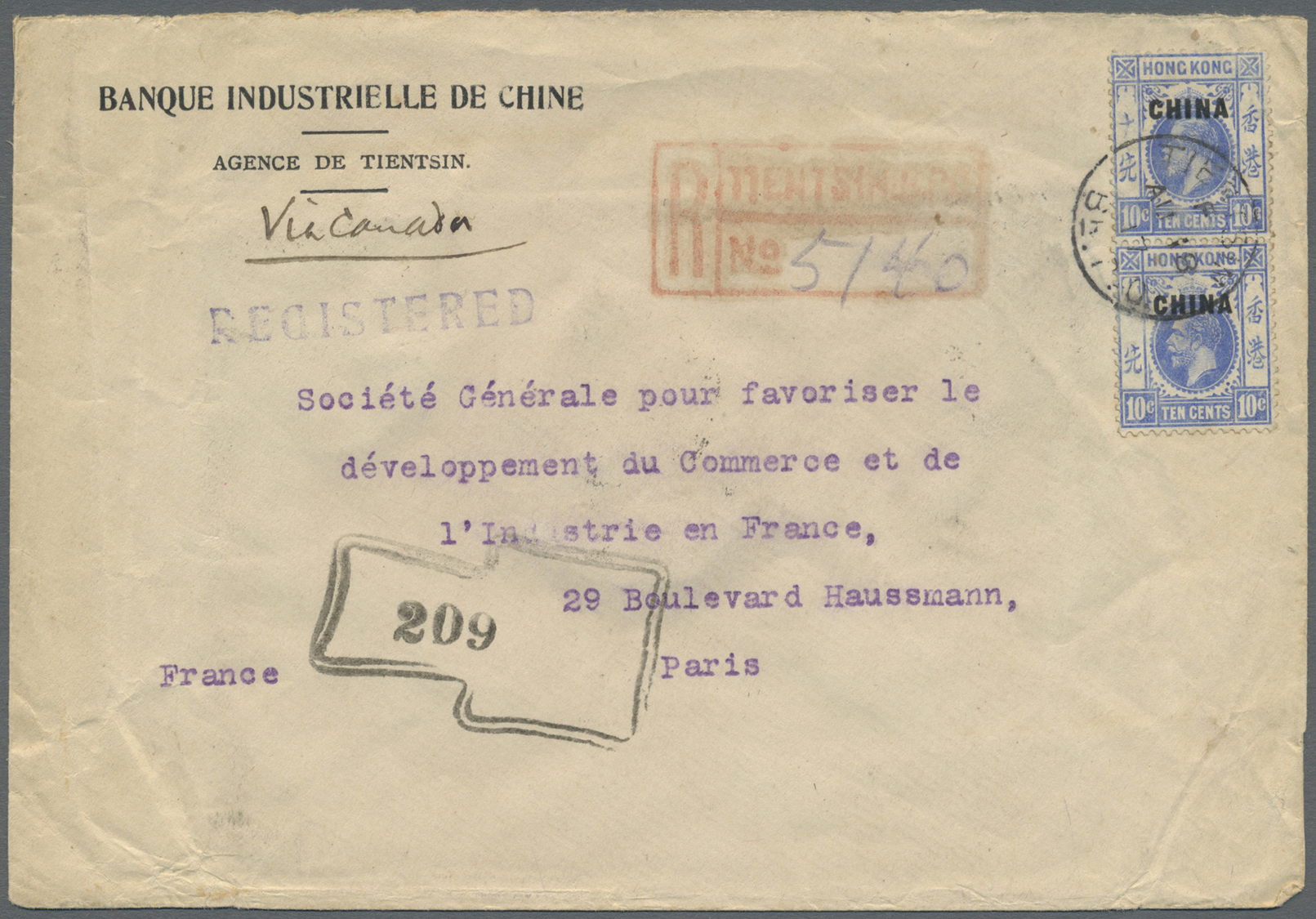 Br Hongkong - Britische Post In China: 1917. Registered Envelope Addressed To Paris Bearing British Post Office In China - Covers & Documents