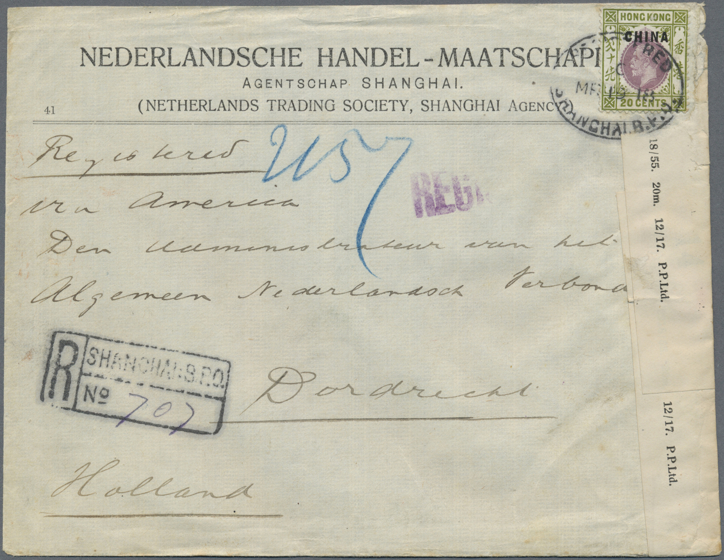 Br Hongkong - Britische Post In China: 1918. Registered Envelope Headed 'Netherlands Trading Society Shanghai' Addressed - Covers & Documents
