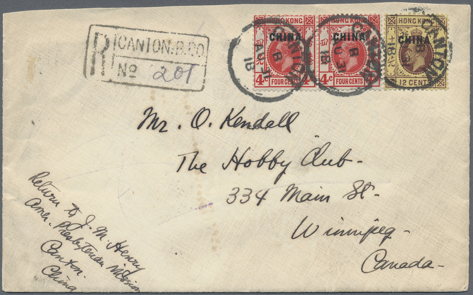 Br Hongkong - Britische Post In China: 1918. Registered Envelope (shortened) Addressed To Canada Bearing British Post Of - Covers & Documents