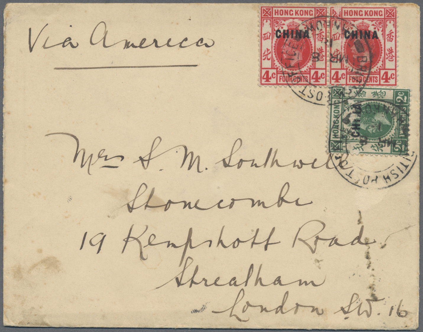 Br Hongkong - Britische Post In China: 1918. Envelope (a Few Spots) Written From 'S.S. "Tuck Wo" Near Hankow' Dated 5th - Lettres & Documents