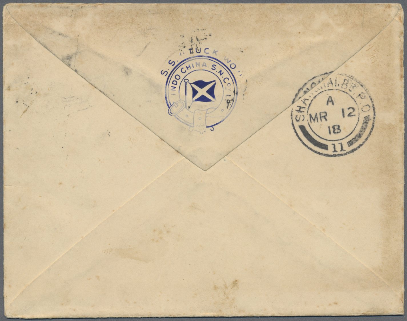 Br Hongkong - Britische Post In China: 1918. Envelope (a Few Spots) Written From 'S.S. "Tuck Wo" Near Hankow' Dated 5th - Lettres & Documents