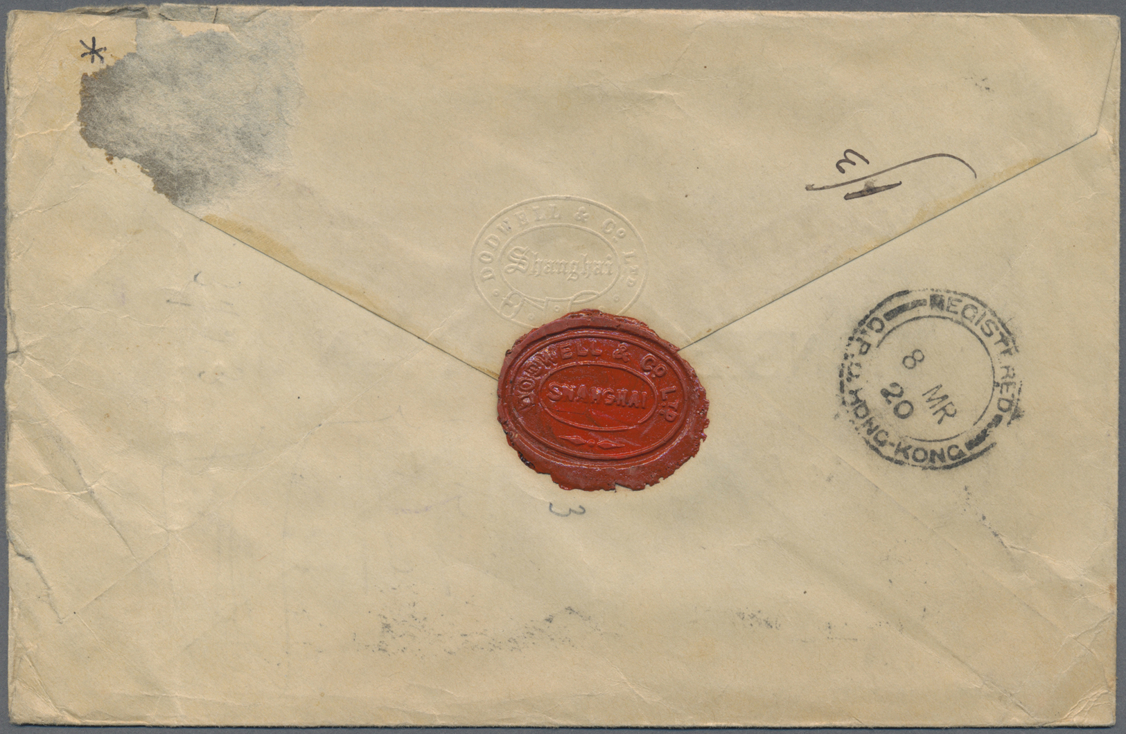 Br Hongkong - Britische Post In China: 1920. Registered Envelope (tear At Righ, Vertical Fold Affecting An Adhesive) To - Lettres & Documents