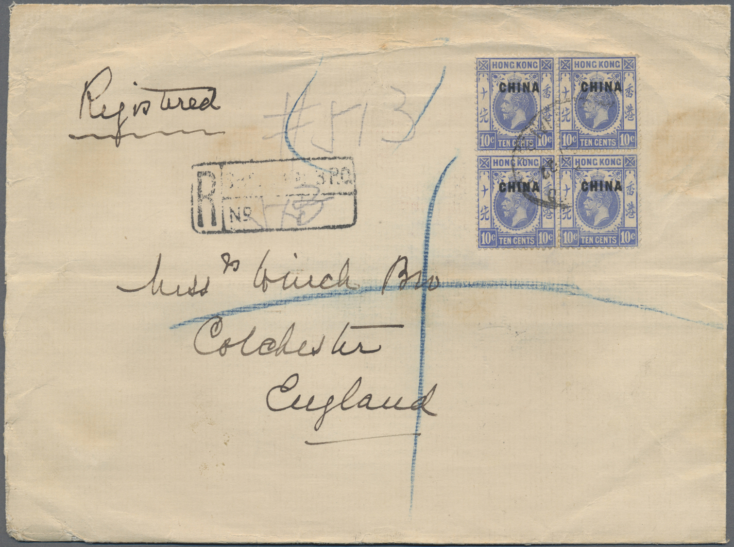 Br Hongkong - Britische Post In China: 1922. Registered Envelope (creased, A Few Stains) To England Bearing SG 23, 10c U - Covers & Documents