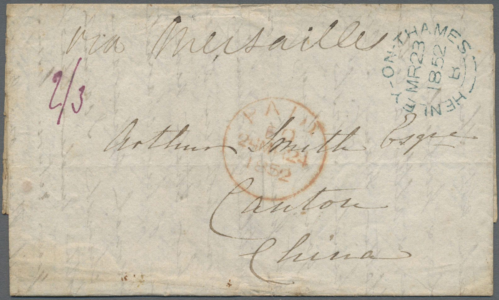 Br Hongkong - Treaty Ports: 1852. Stampless Envelope Written From 'Woodcote, Henley' Dated 'Mr 23 1852' Addressed To Can - Other & Unclassified