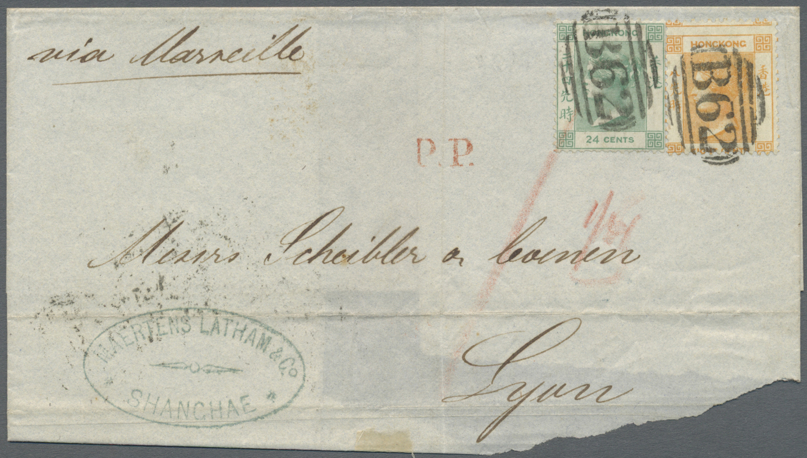 Br Hongkong - Treaty Ports: Shanghai: 1863, QV 24 C. , 8 C. Each Tied "B62" To Folded Envelope W. Vermilion "P.P." Endor - Autres & Non Classés