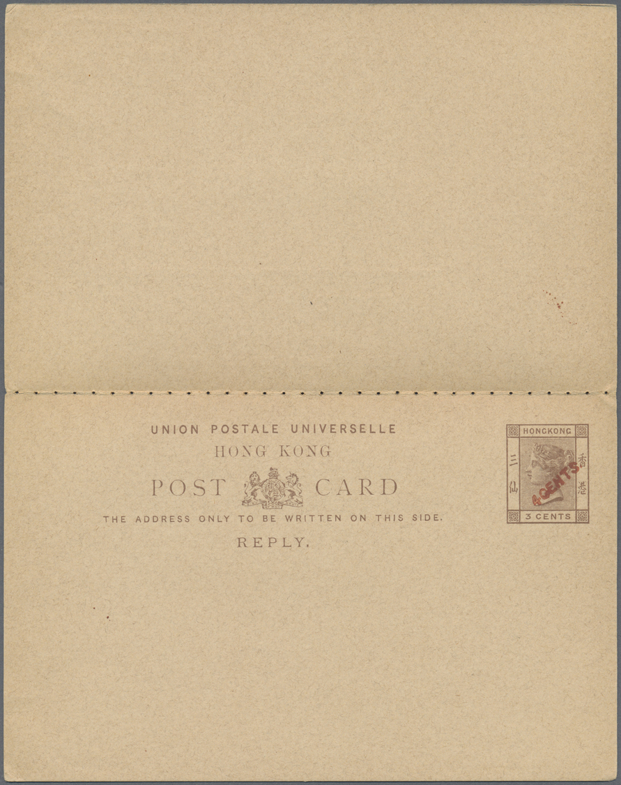 GA Hongkong - Treaty Ports: 1896. Postal Stationery Card 4 Cents On 3c Brown (red Surcharge) With Reply Cancelled By Sha - Other & Unclassified