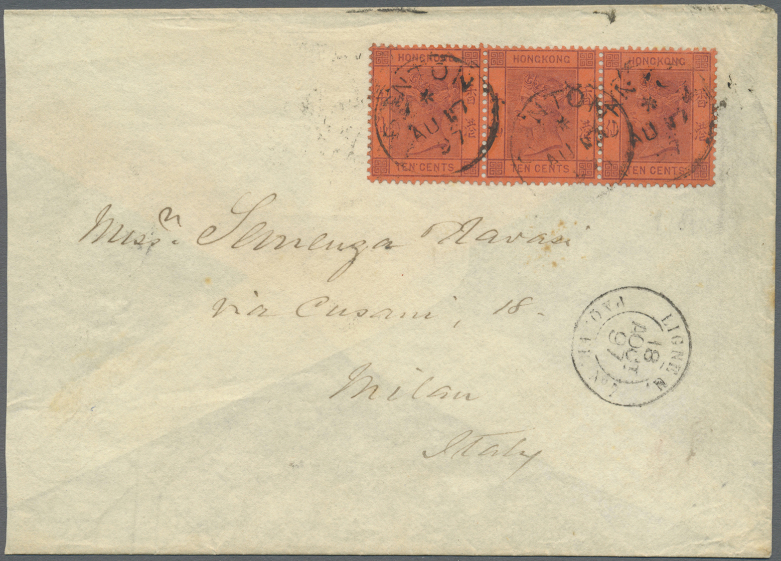 Br Hongkong - Treaty Ports: 1897. Envelope (left Shortened) To Italy Bearing SG 38, 10c Purple/red (strip Of Three) Tied - Other & Unclassified