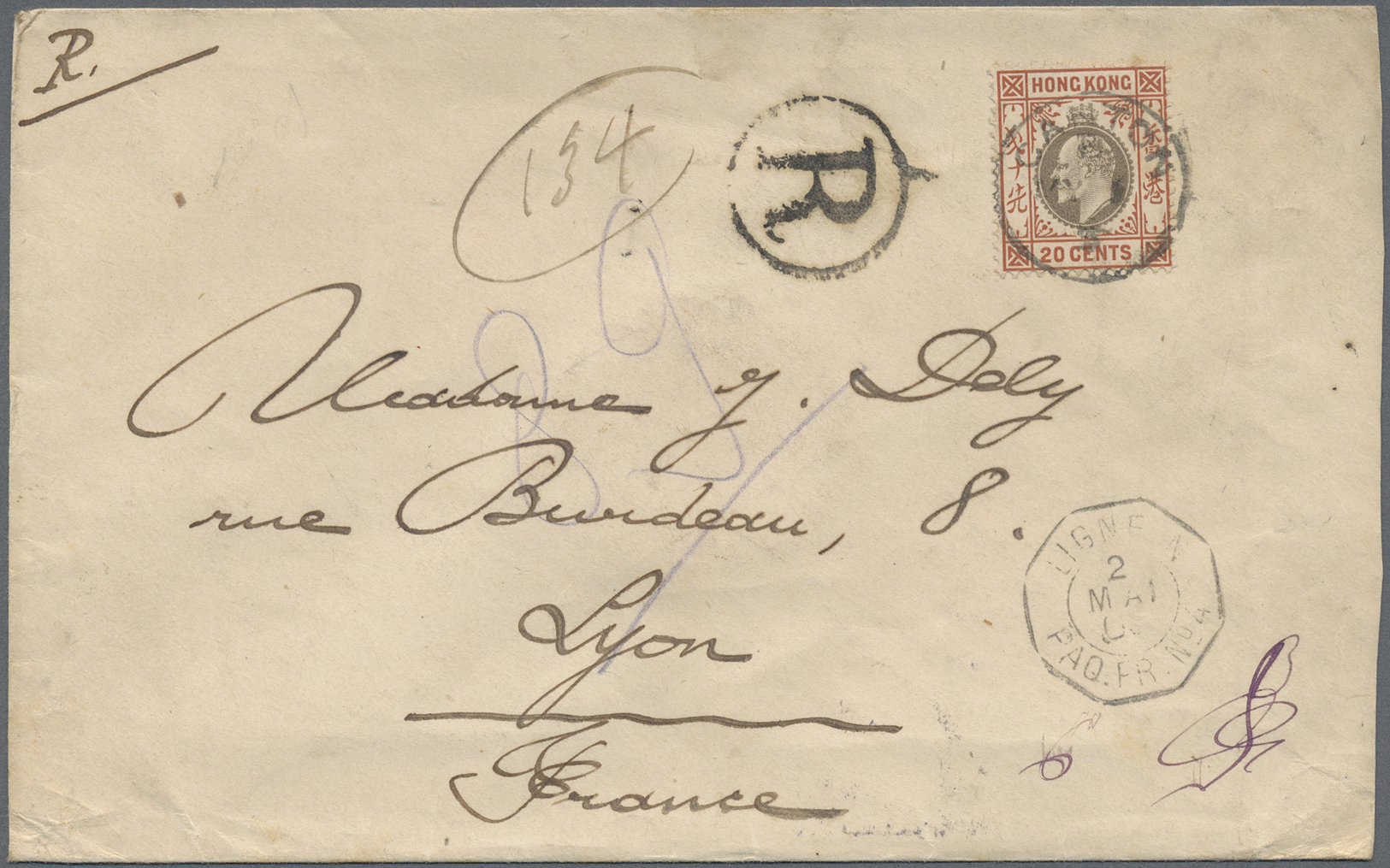 Br Hongkong - Treaty Ports: 1905. Registered Envelope Addressed To France Bearing SG 83, 20c Slate And Chestnut Tied By - Other & Unclassified
