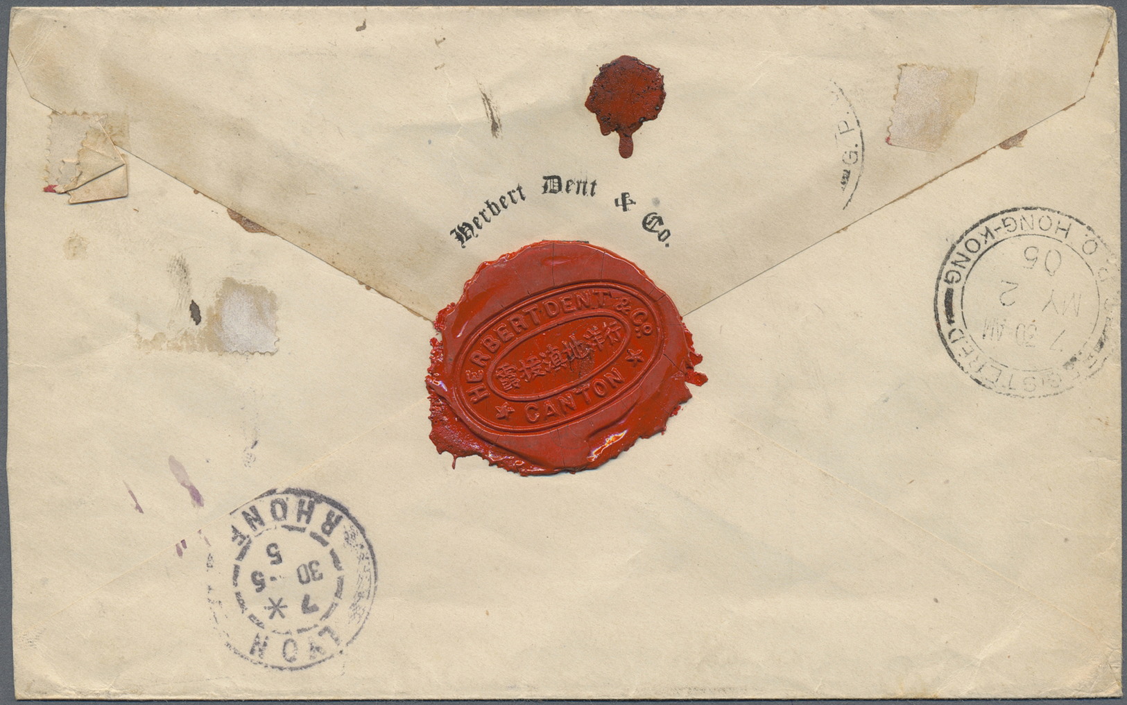 Br Hongkong - Treaty Ports: 1905. Registered Envelope Addressed To France Bearing SG 83, 20c Slate And Chestnut Tied By - Other & Unclassified