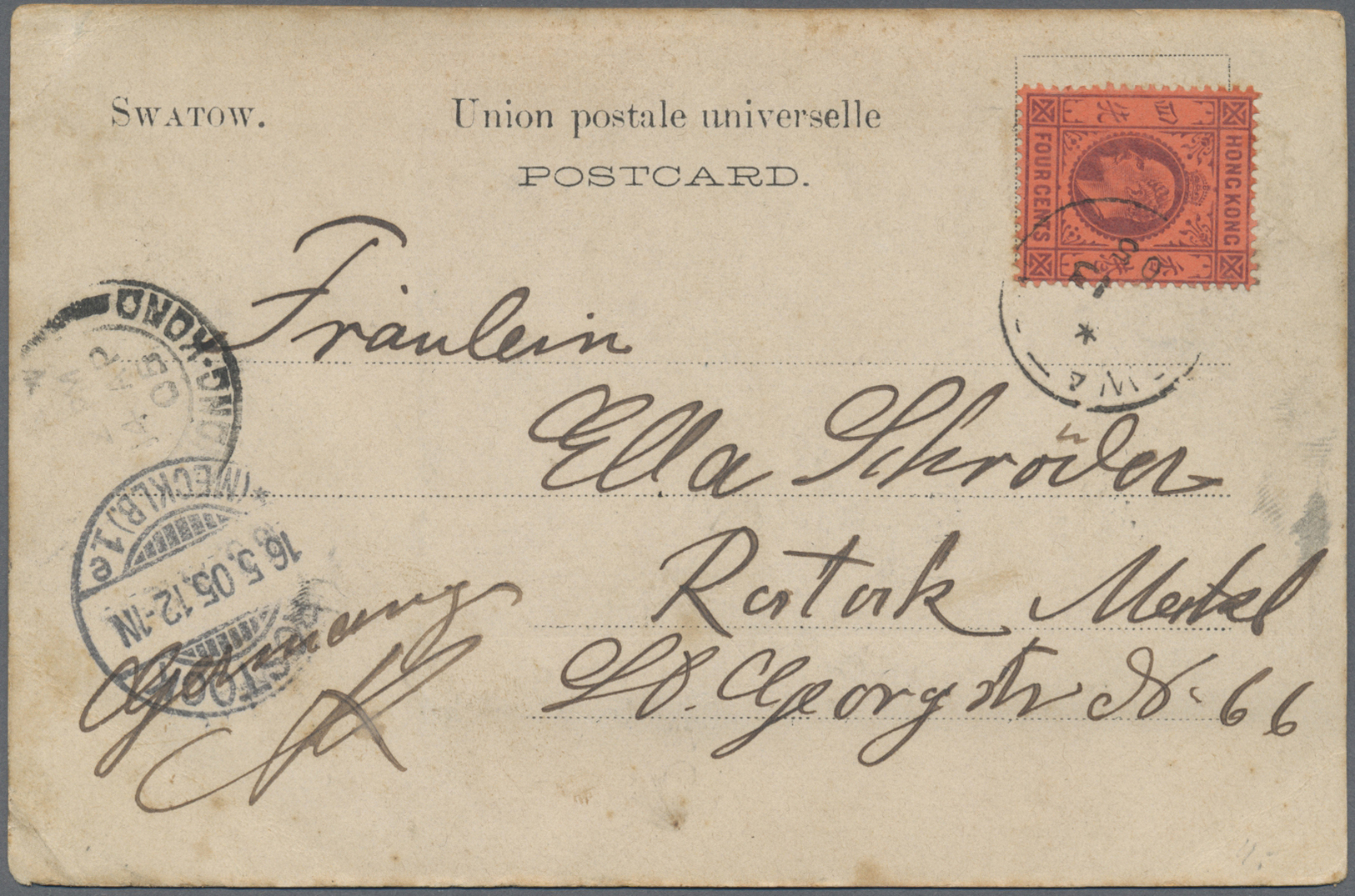 Br Hongkong - Treaty Ports: 1905. Picture Post Card To Germany Bearing SG 64, 4c Red/purple Tied By Swatow Cds With Star - Autres & Non Classés