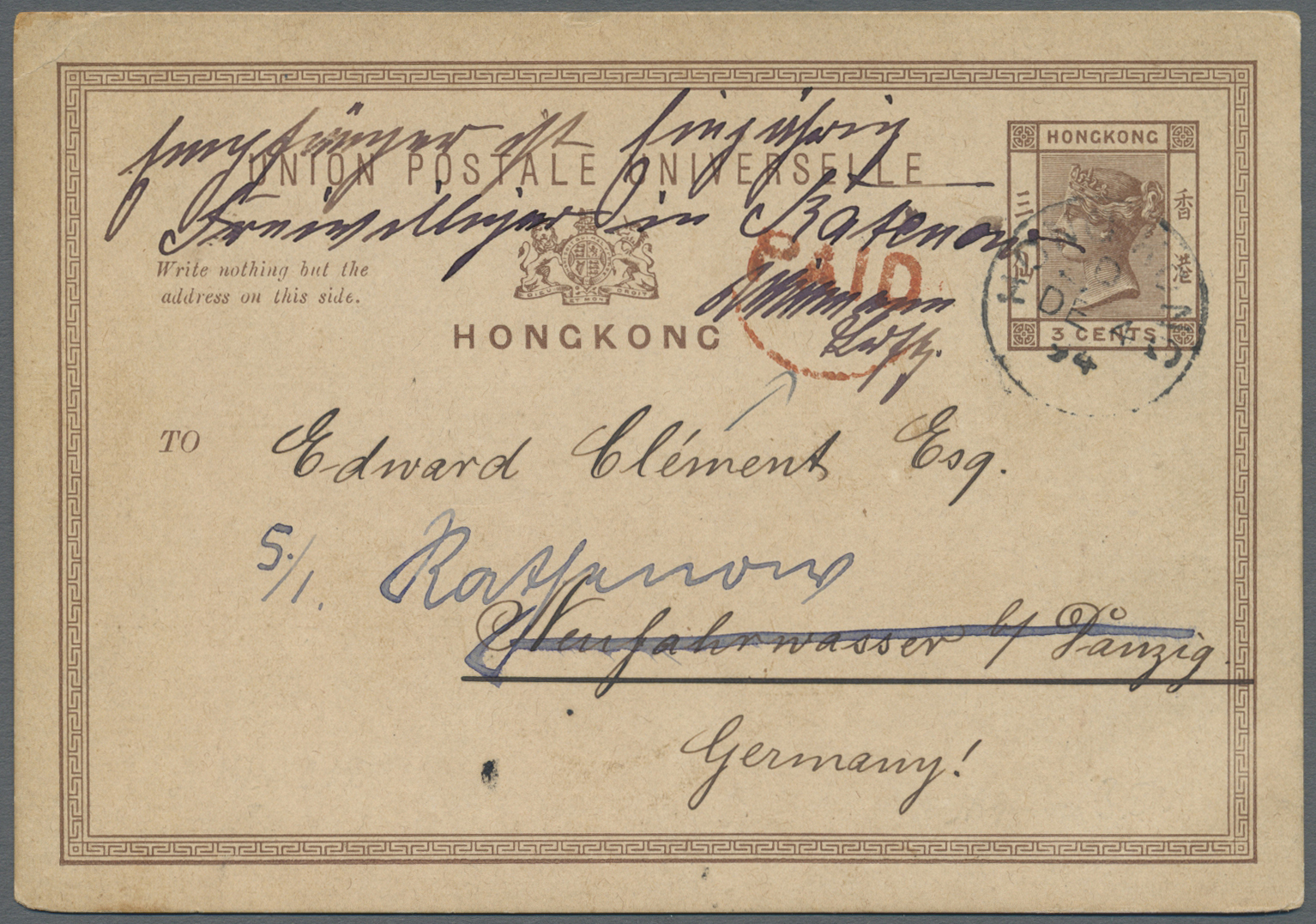 GA Hongkong - Ganzsachen: 1894, Card QV 3 C. With Red Cicular "PAID" Alongside To Neufahrwasser Near Danzig/Germany And - Entiers Postaux