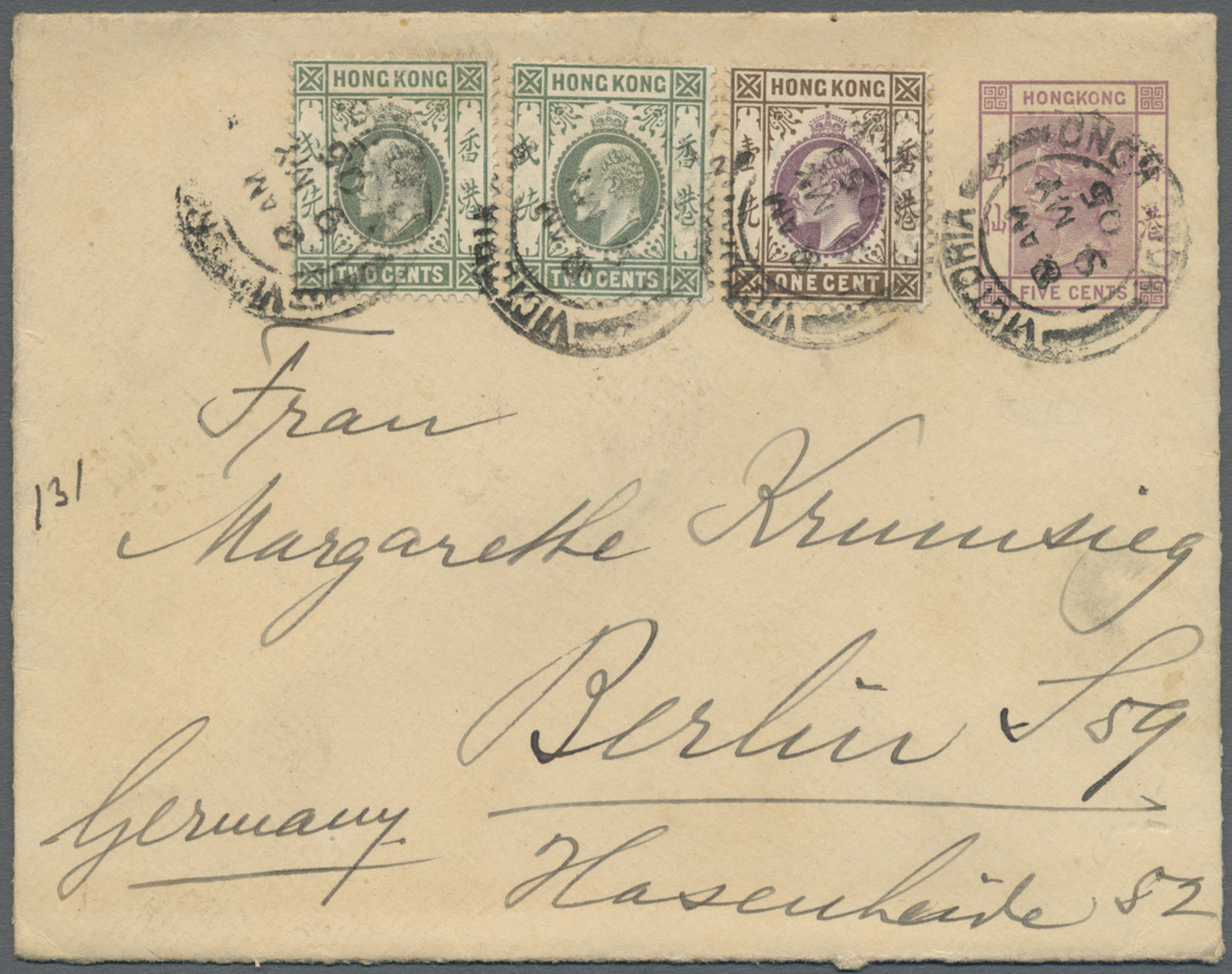 GA Hongkong - Ganzsachen: 1900, Envelope QV 5 C. Uprated KEVII 1 C., 2 C. (2) Tied Four Strikes "VICTORIA HONG KONG 9 MY - Entiers Postaux