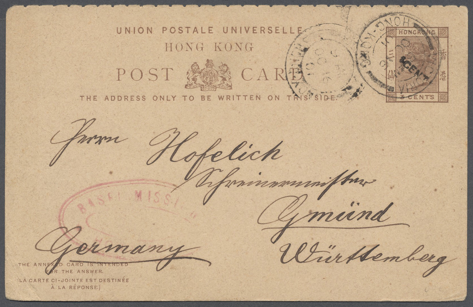 GA Hongkong - Ganzsachen: 1900, 4 C. In Black On  3 C. (ovpt. Running NW-SE, Error) Canc. &bdquo;VICTORIA HONG KONG OC 1 - Postal Stationery