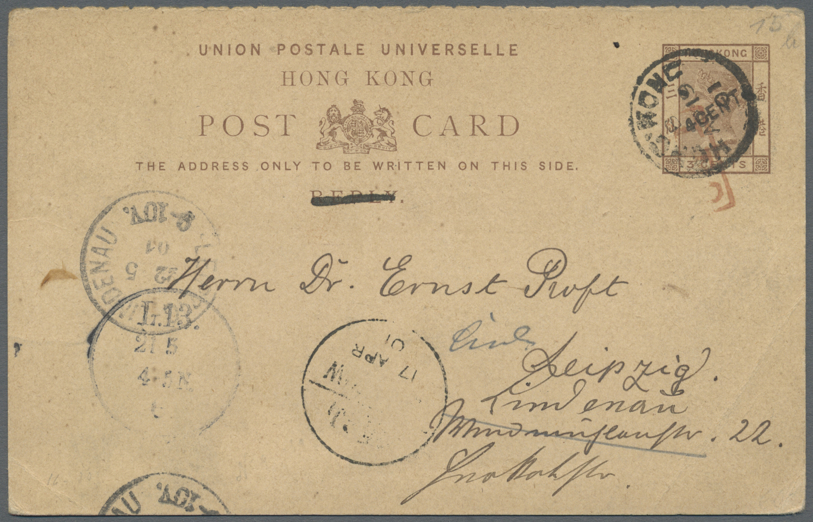 GA Hongkong - Ganzsachen: 1901, QV 4 C./3 C. Reply Part ("reply" Deleted) Tied Boxed Red "I.P.O." With Bisected Bilingua - Postal Stationery