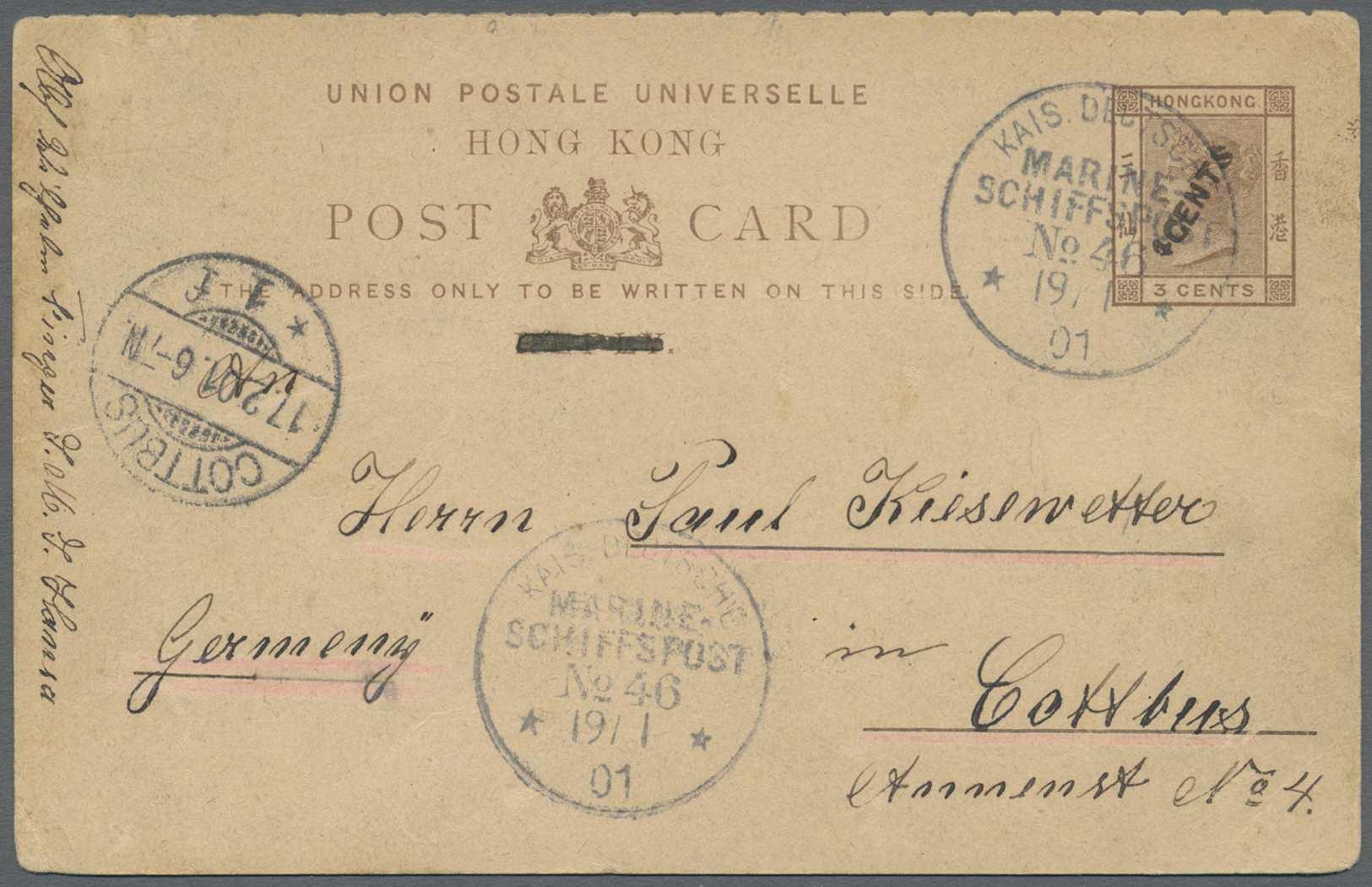 GA Hongkong - Ganzsachen: 1901, Card QV 4 C./3 C. ("reply" Deleted) Canc. "Imp. German Navy Mails No. 46 19/1 01" To Ger - Postal Stationery